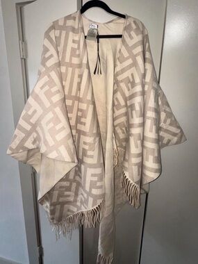 Fendi Beige and Cream Logo-Paneled Fringe Wrap